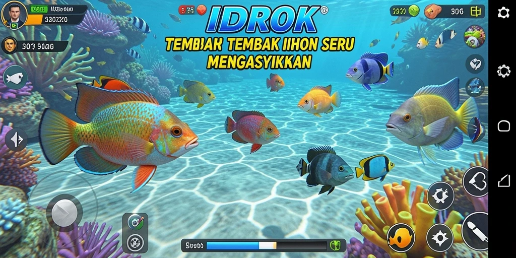 Tampilan utama gameplay IDROK dengan ikan berwarna-warni.